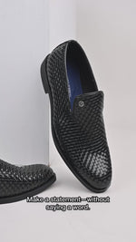 Trama Black Woven Textured Leather Loafers for Men - Slip-On Shoes for Office, Party & Wedding Wear