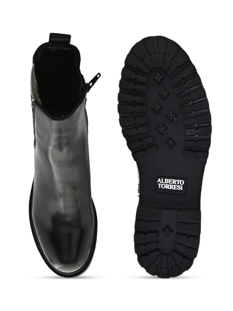 Leopard Print Black Flat Ankle Boots