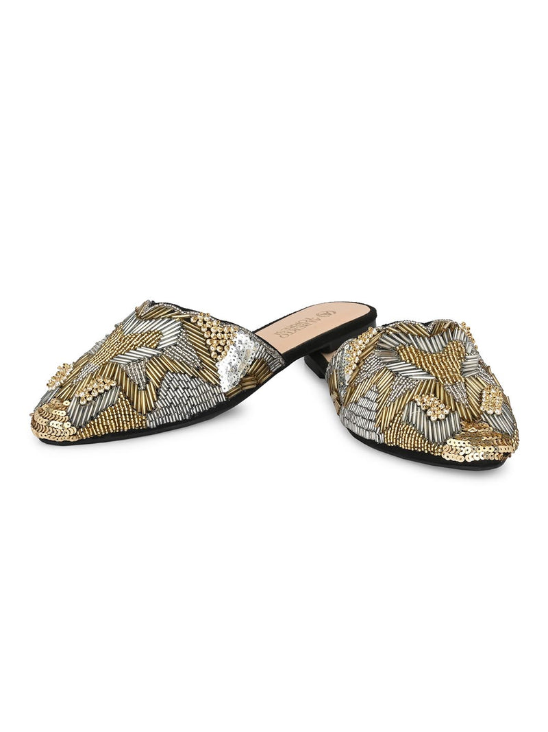 Black and gold 2025 mules