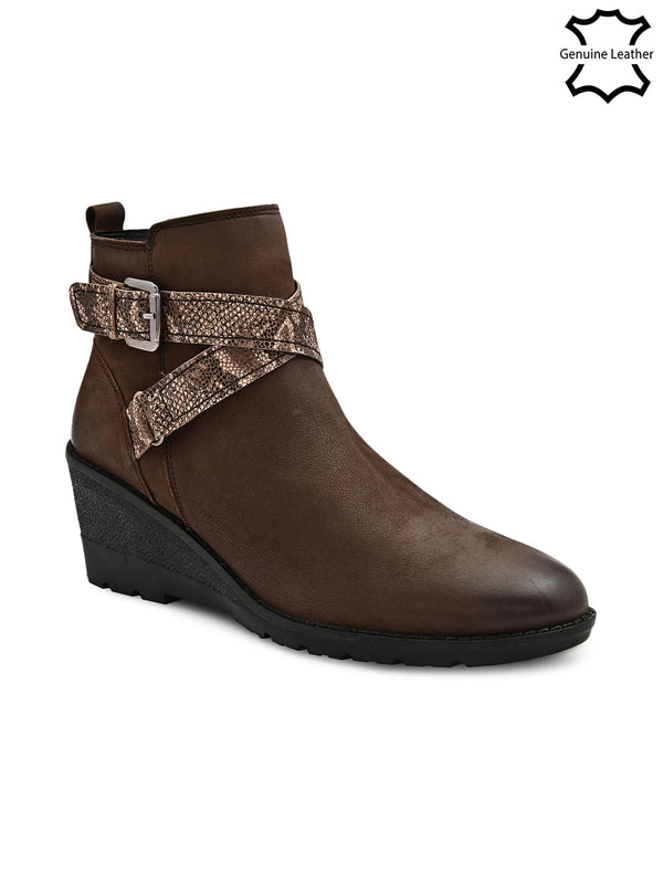 Brown Snake Print Wedge Ankle Boots