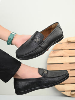 Alberto Torresi Genuine Leather Black Textured Loafers For Men