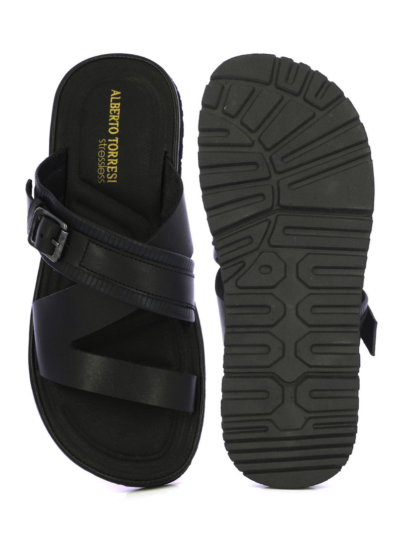 Sandrin Men's Black Buckled Strap Slippers