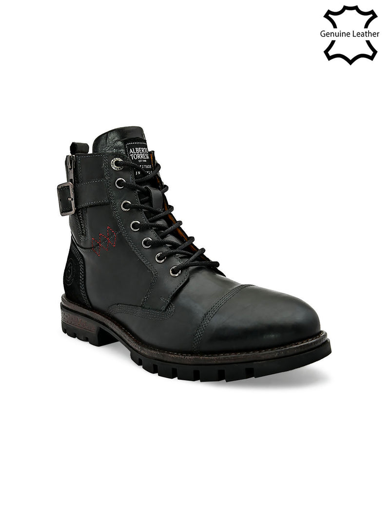 Men Black Cap toe side zipper buckled boots