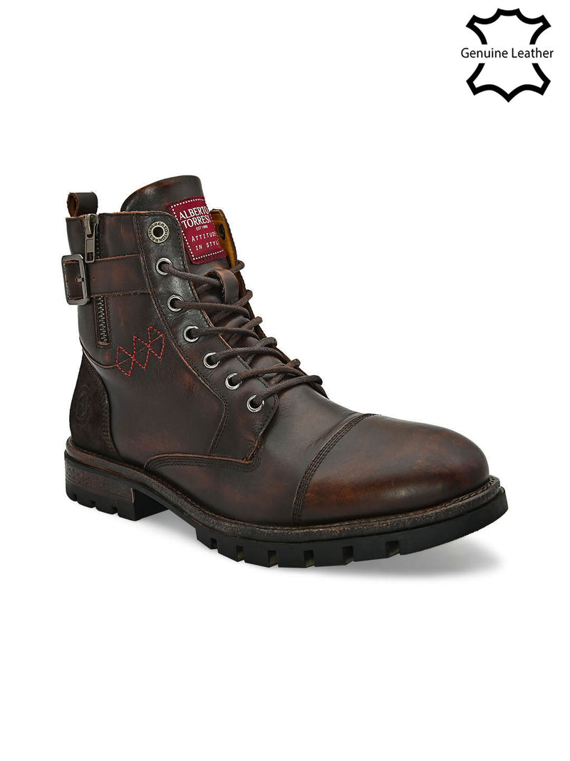 Men Brown Cap toe side zipper buckled boots