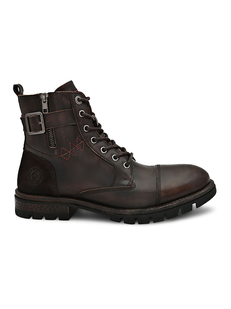 Men Brown Cap toe side zipper buckled boots