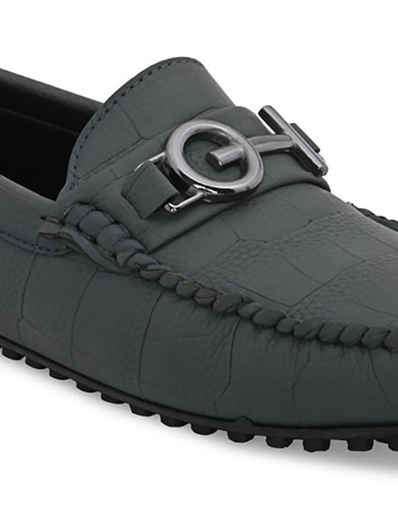 Grey Round Toe Loafer With Metal Accent