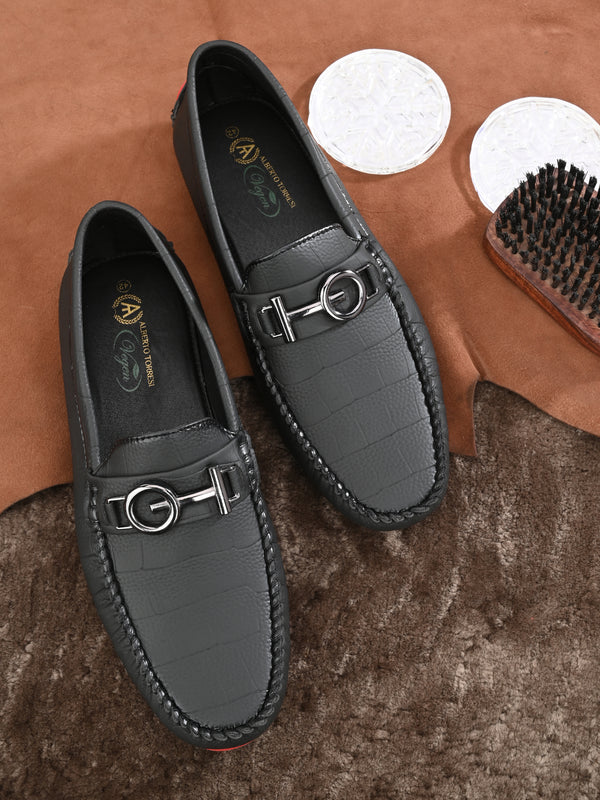 Black Round Toe Loafer With Metal Accent