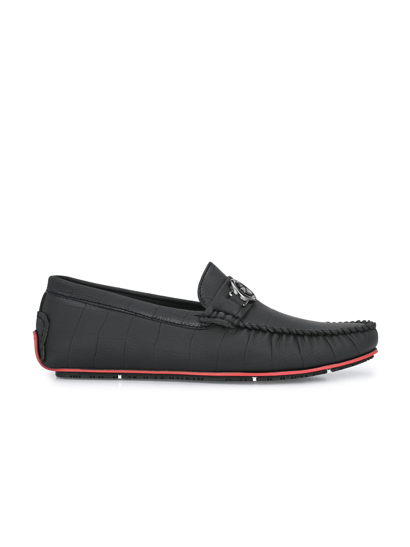 Black Round Toe Loafer With Metal Accent