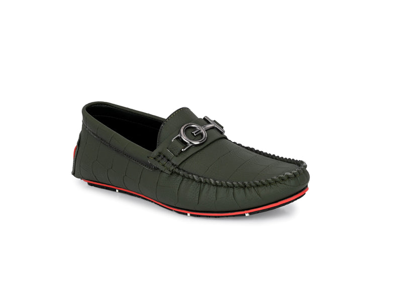Olive Round Toe Loafers With Metal Accent