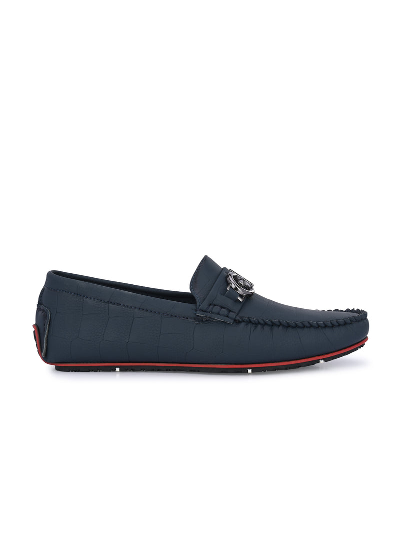 Navy Blue Round Toe Loafers With Metal Accent