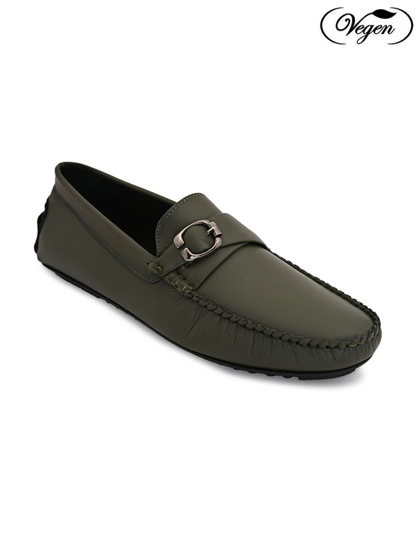 Olive Loafers With Buckle Closure