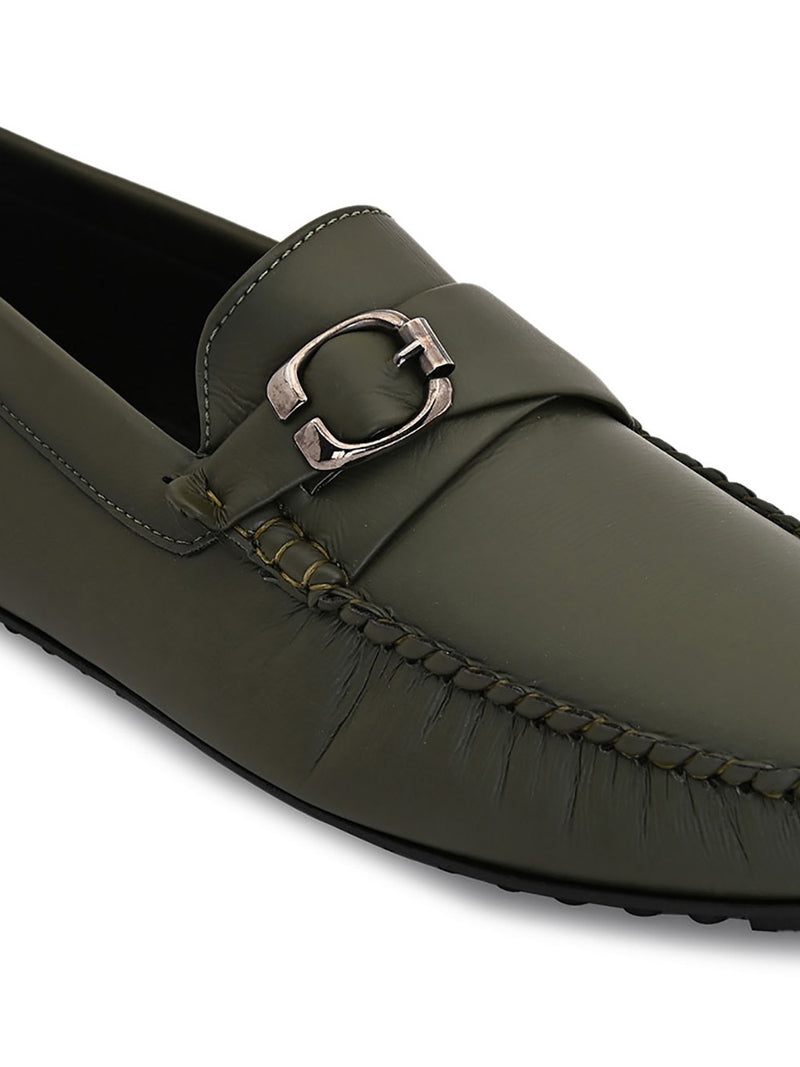 Olive Loafers With Buckle Closure