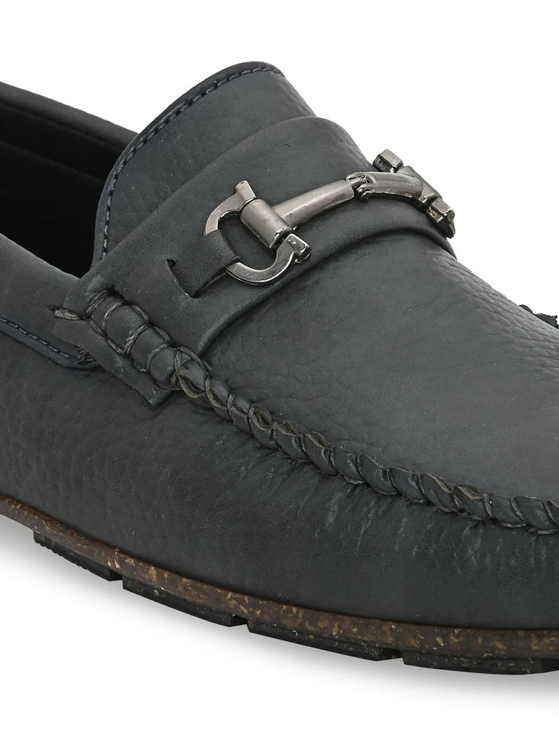 Buckle Embellished Grey Loafers