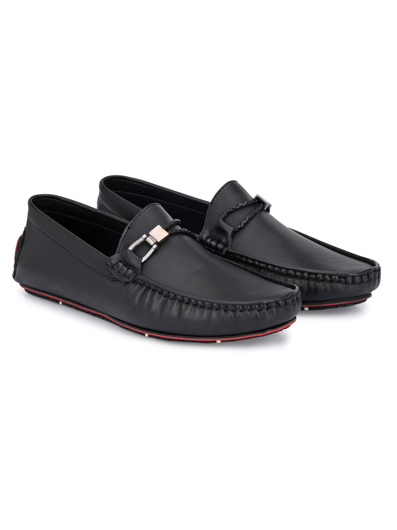 Round Toe Black Buckle Loafers