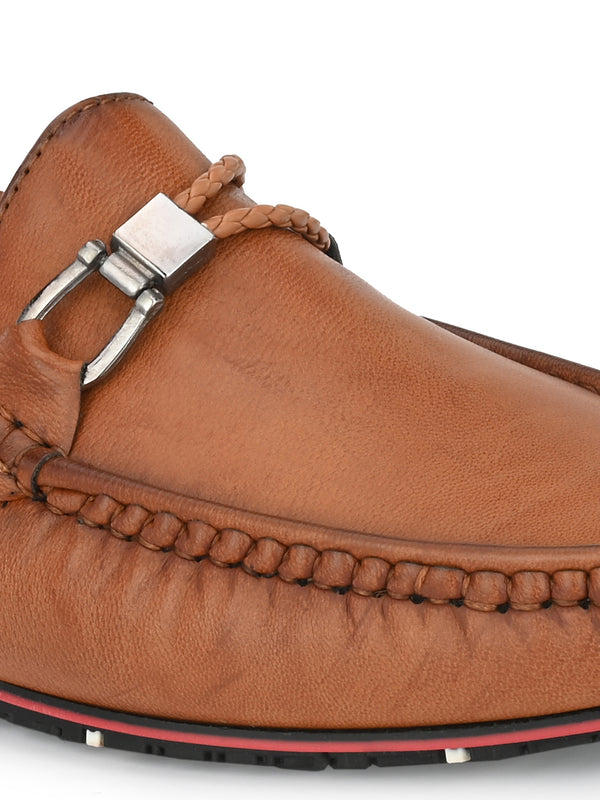 Round Toe Buckle Tan Loafers