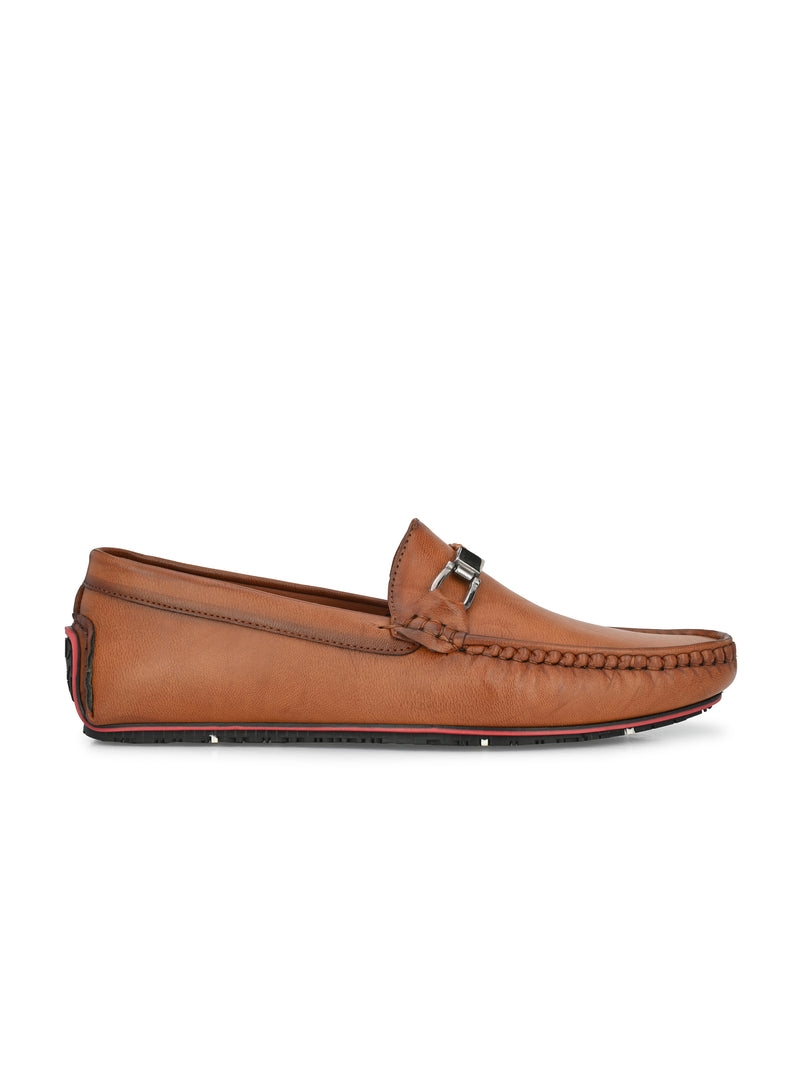 Round Toe Buckle Tan Loafers