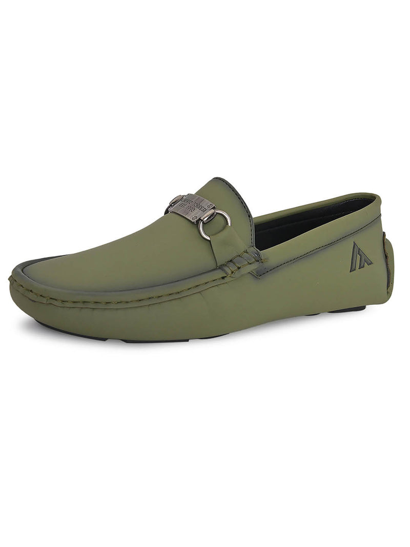 Alberto Torresi Genuine Leather Green Textured Loafers For Men