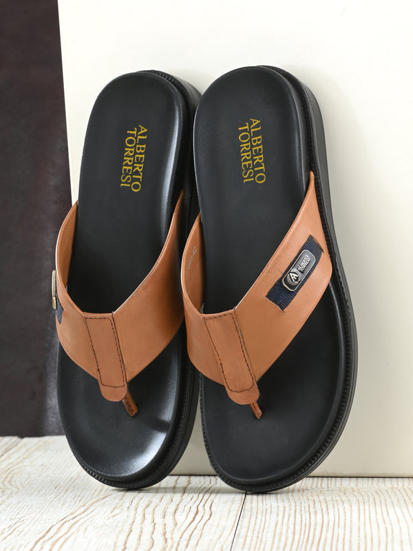 Deriko Tan Genuine Leather Flip Flops For Men