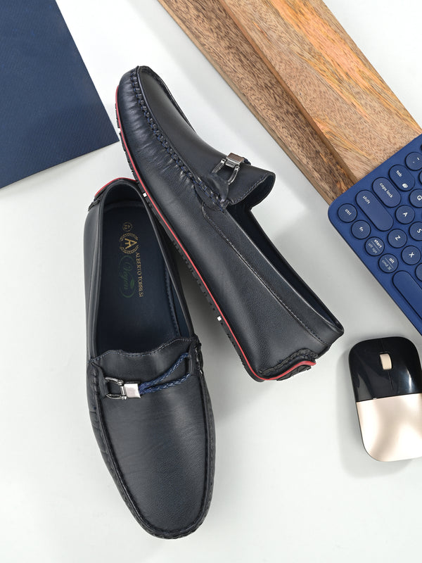 Round Toe Blue Buckle Loafers